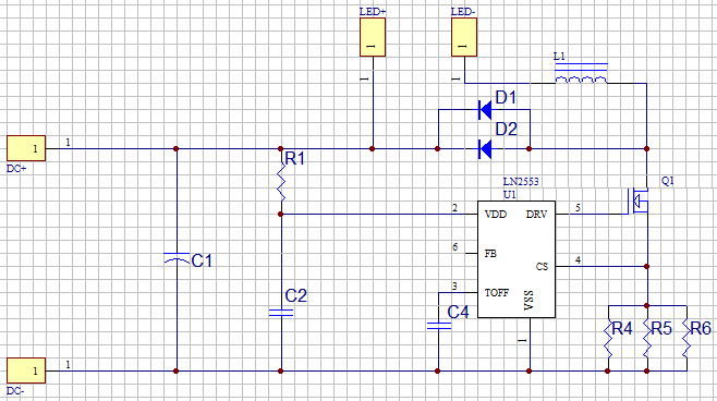  LN2553  LED車(chē)燈（12V-80V）典型應(yīng)用線(xiàn)路圖: